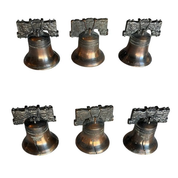 Brass Liberty Bell Set of 3 Bronze Patina Pass and Stone Vtg 1970’s Miniature - Picture 2 of 13
